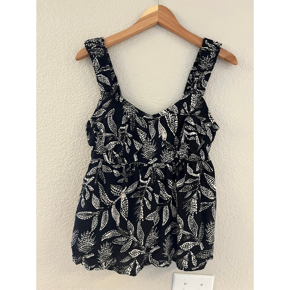 Tu Woman Black White Botanical Cotton Linen Smocked Tank‎ Top Blouse Size 10
